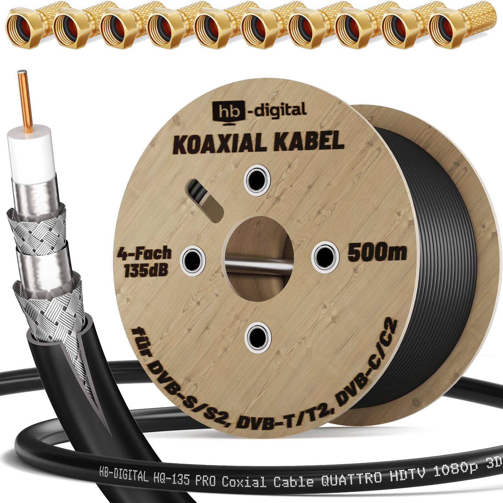 hb-digital 500m Koaxialkabel HQ 135dB 4-Fach Stahl Kupfer schwarz + 100 F-St