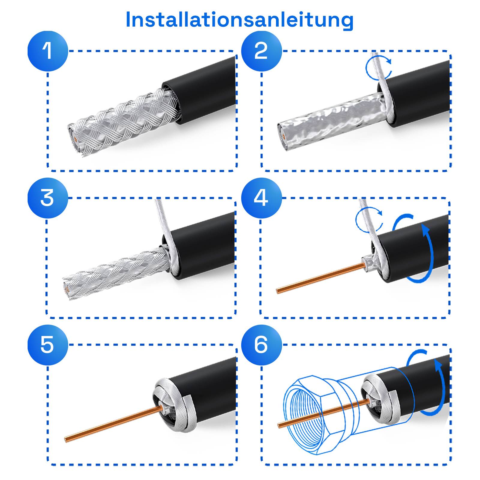hb-digital 20m Koaxialkabel HQ 135dB 4-Fach Stahl Kupfer schwarz + 10 F-St