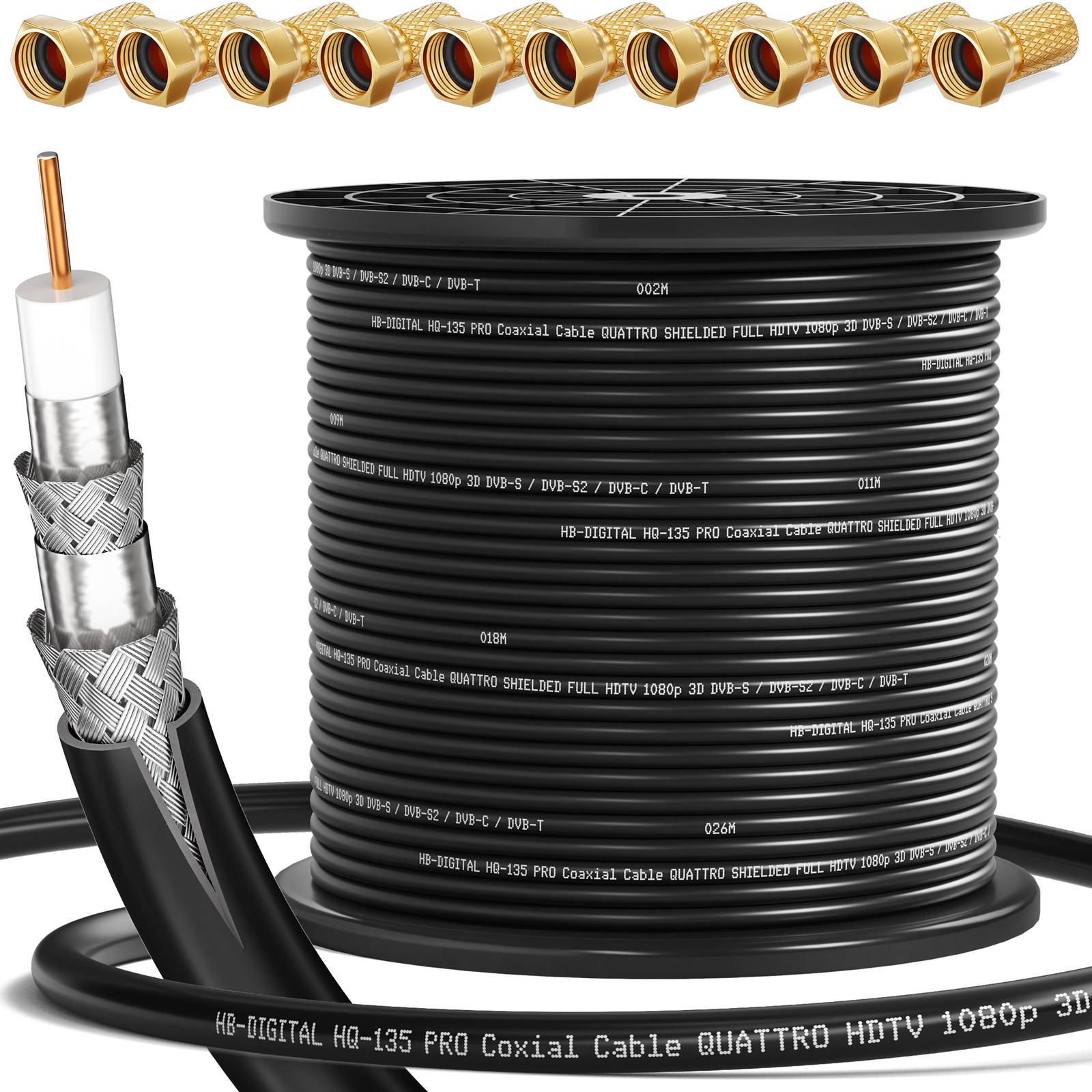 hb-digital 250m Koaxialkabel HQ 135dB 4-Fach Stahl Kupfer schwarz + 10 F-St