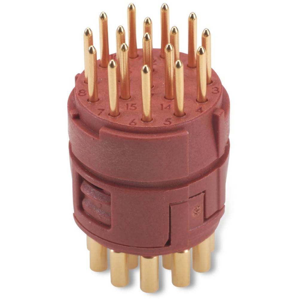 Rot-goldiger Elektrostecker mit nummerierten Kontakten.