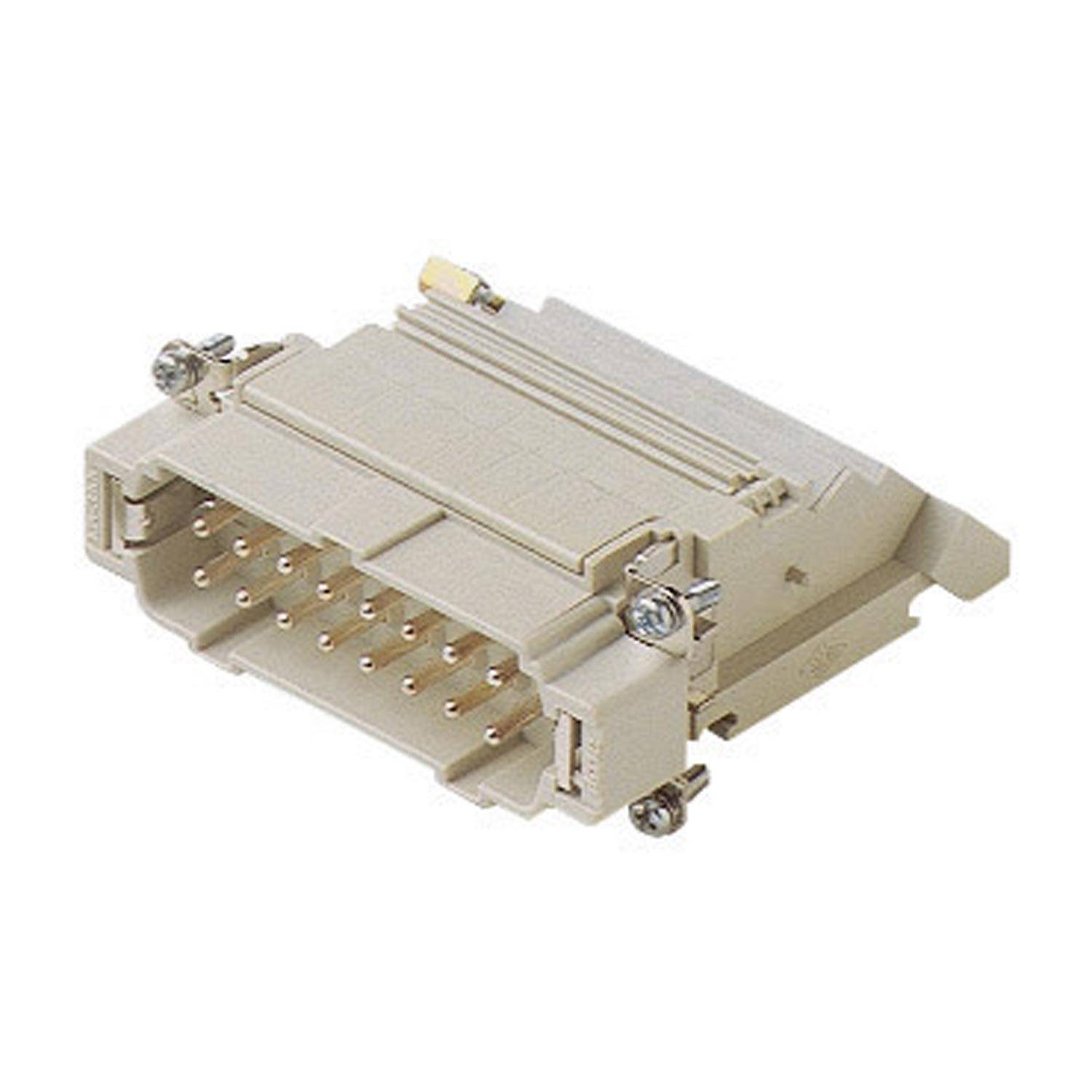 Ein beiger elektronischer Stecker mit mehreren Stiften, gesichert durch kleine Schrauben auf jeder Seite, verwendet für Geräte- oder Hardwareverbindungen.