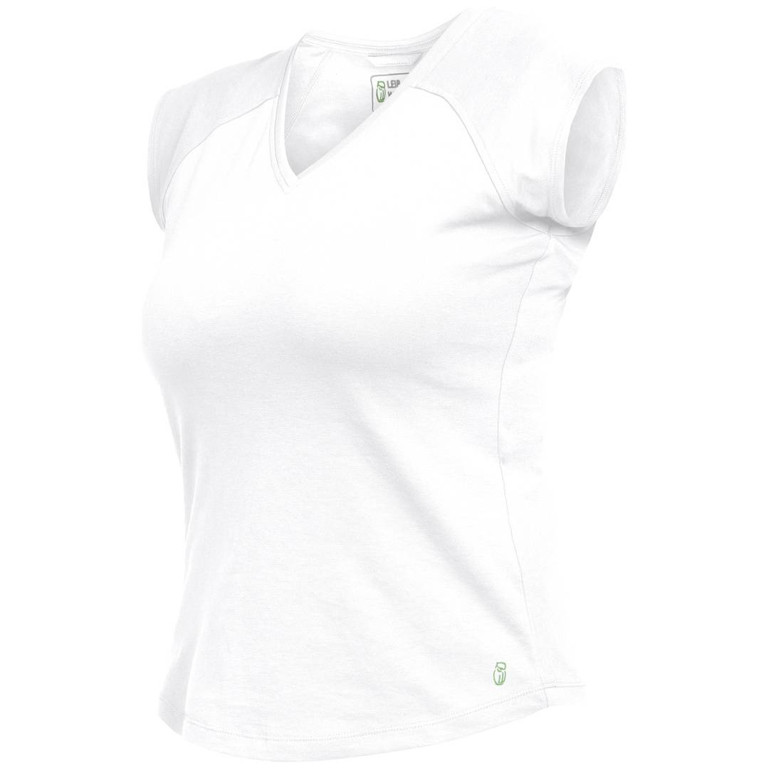Weißes Damen-V-Ausschnitt-T-Shirt mit Kurzarm, Vorderansicht auf neutralem Hintergrund gezeigt.