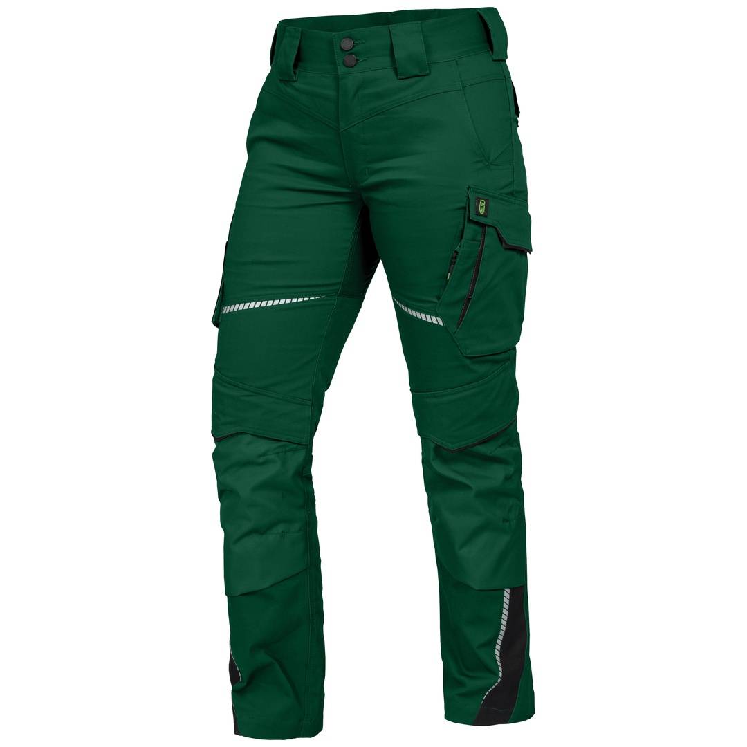 Grüne Arbeitshose mit verstärkten Knien, Cargotasche und reflektierenden Streifenakzenten auf weißem Hintergrund.