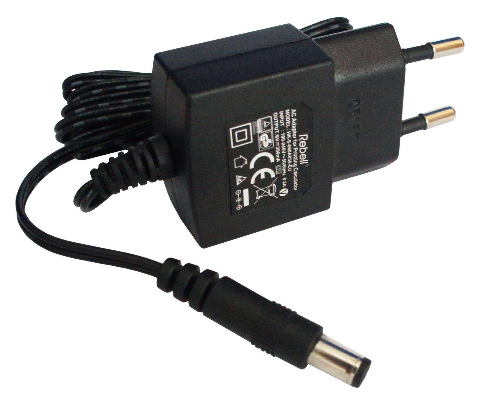 Ein schwarzer Netzteil mit EU-Stecker und Kabel, mit Sicherheitszeichen, technischen Spezifikationen und einem runden Stecker.