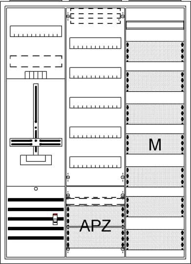 Ein schematisches Diagramm von Elektrotafeln mit den Bezeichnungen 'M' und 'ARZ', das Sicherungsautomaten und Verteilungssektionen zeigt.