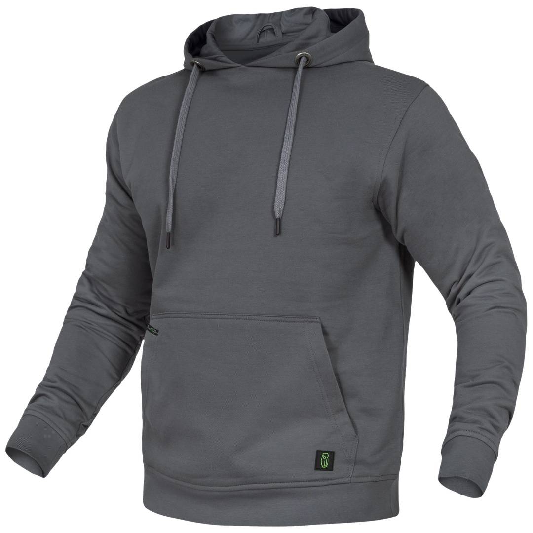 Grauer Kapuzenpullover mit Vordertasche und Kordelzug-Kapuze, gezeigt vor weißem Hintergrund.