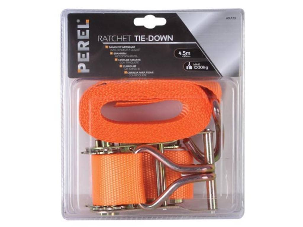 Spanngurt mit Ratsche, zweiteilig, Spitzhaken, für etwas schwerere Lasten, max. 1000 kg, Polyester, Orange, 4.5 m x 50 mm
