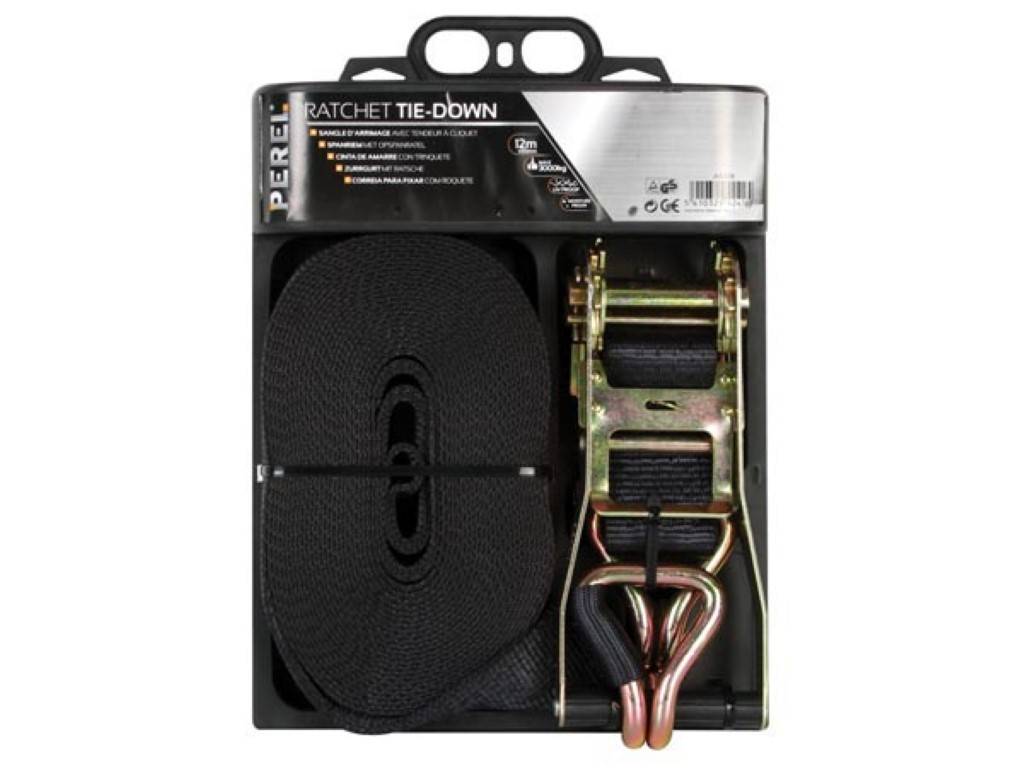 Spanngurt mit Ratsche, zweiteilig, Spitzhaken, UV-beständig, wasserabweisend, für etwas schwerere Lasten, max. 1000 kg, Polyester, Schwarz, 12 m x