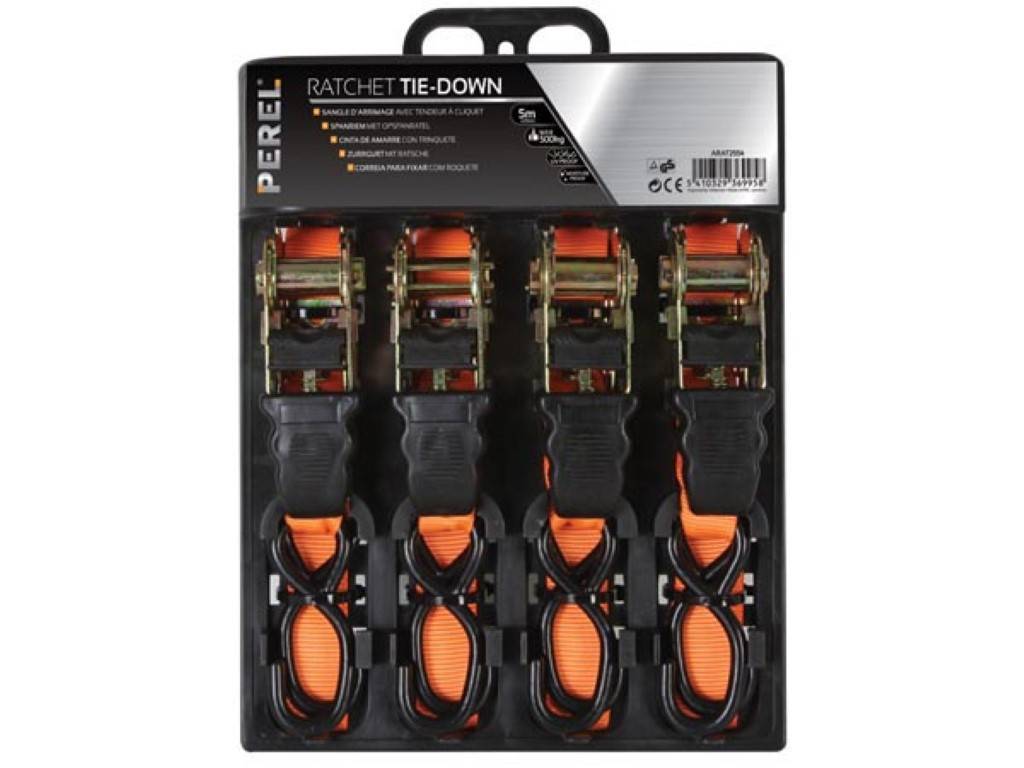 Spanngurt mit Ratsche, 4er Pack, zweiteilig, 8 S-Haken, uv-beständig, wasserabweisend, für kleinere Lasten, max. 500 kg, Polyester, Orange, 5 m x 25