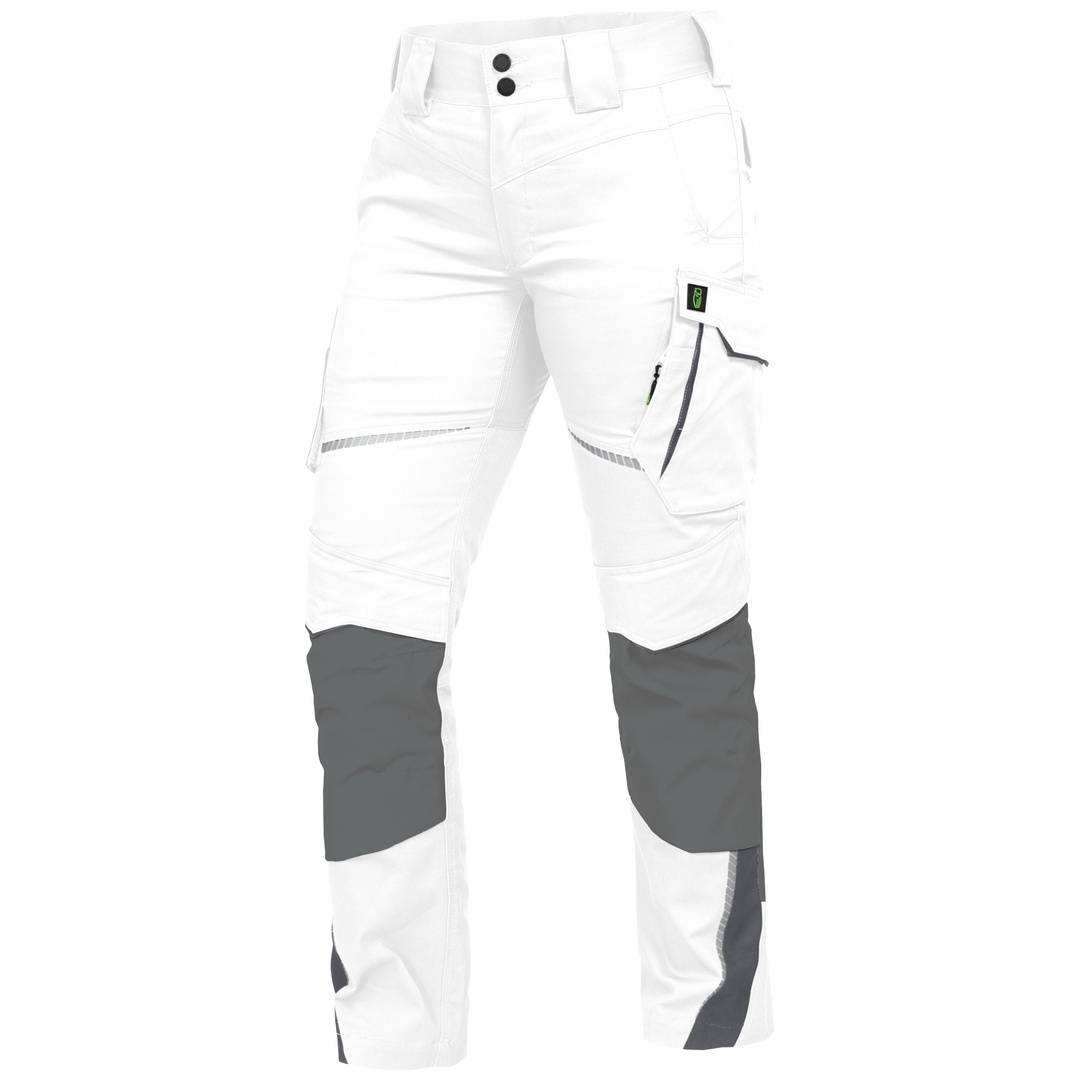 Weiße und graue Skihose mit schwarzen Knieeinsätzen, seitlicher Cargotasche und verstärkten Beinen, gezeigt vor einem einfarbigen Hintergrund.