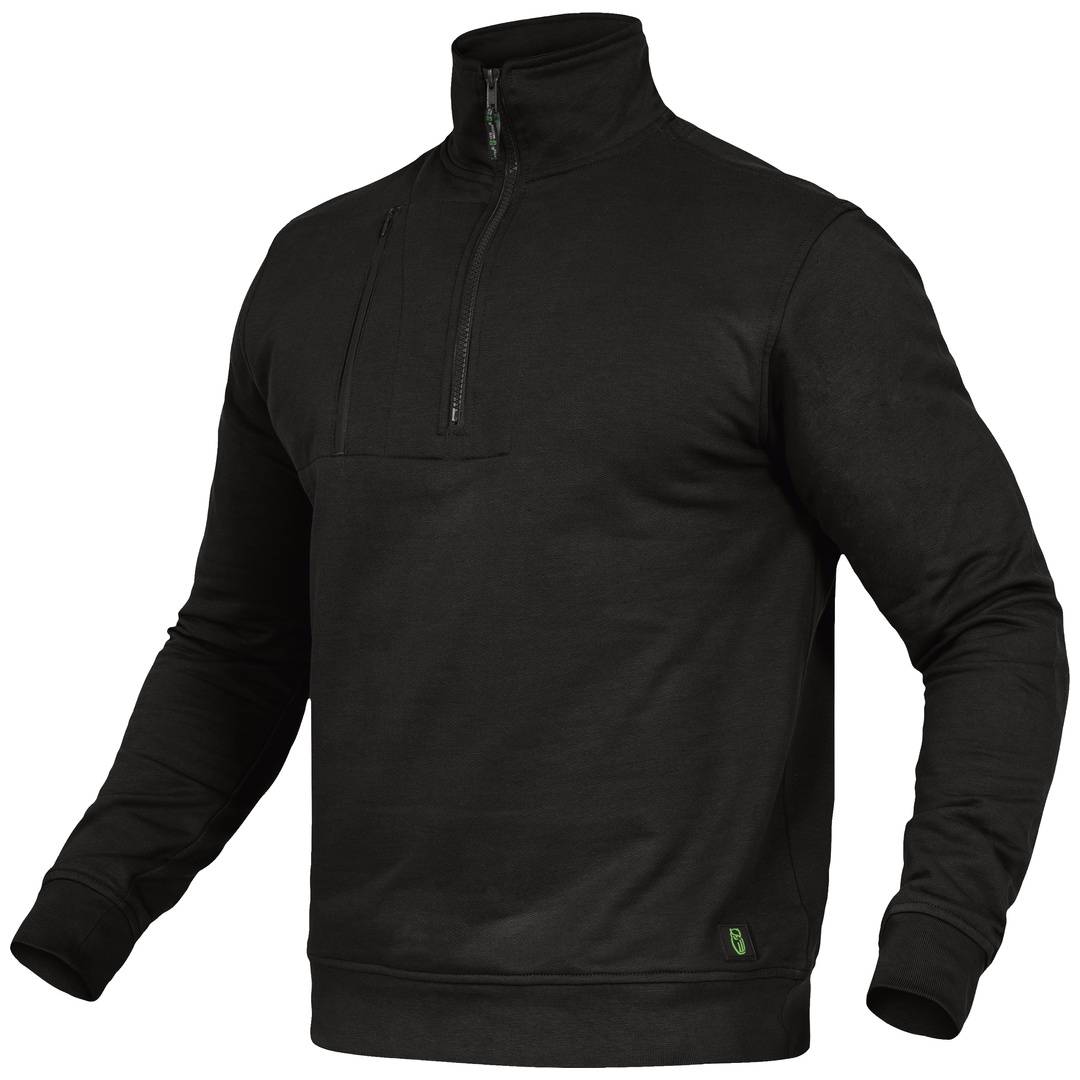 Schwarzer Langarm-Pullover mit Stehkragen und Halbreißverschluss vorne, dargestellt auf weißem Hintergrund.