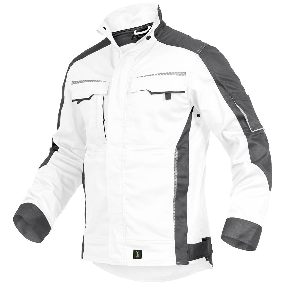 Weiße und graue Motorradjacke mit reflektierenden Akzenten, Vorderansicht auf weißem Hintergrund dargestellt.