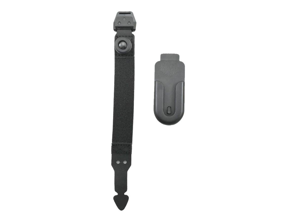 Schwarzer Nylongurt mit Schnalle und Haken, daneben ein kleines graues Clip-On-Etui oder -Halter auf weißem Hintergrund dargestellt.