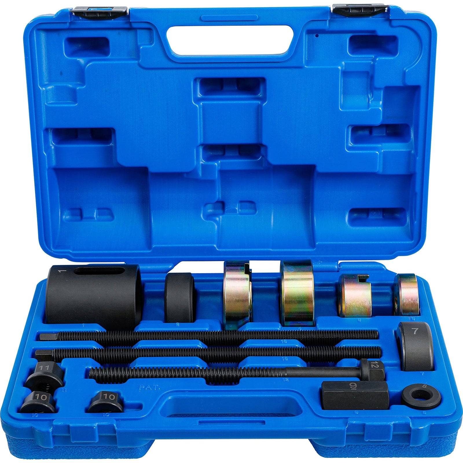 Ein blauer Plastikkoffer, der verschiedene Automotive-Radnabenwerkzeuge ordentlich angeordnet enthält, darunter Hülsen, Adapter und eine Gewindestange.