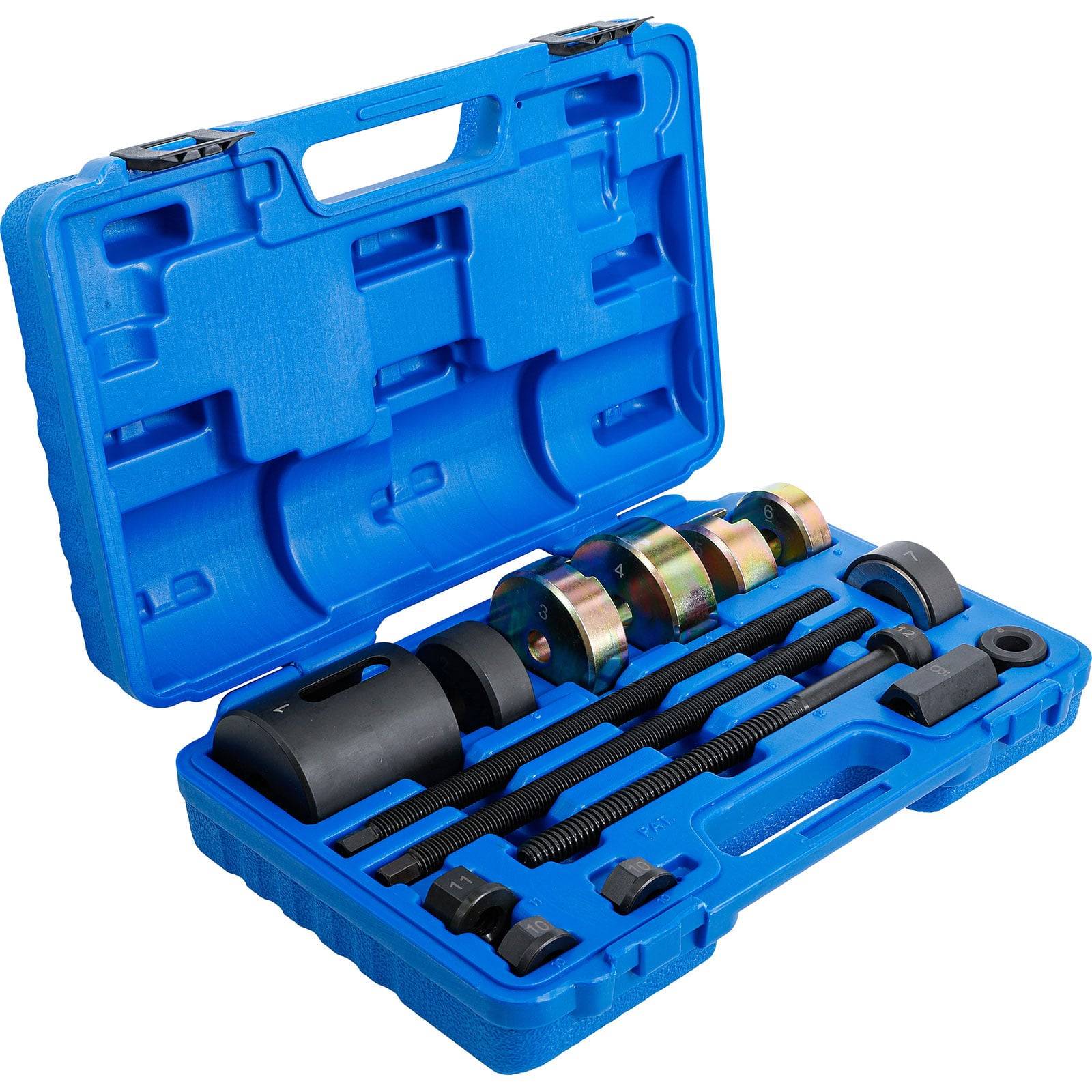 Eine blaue Plastikbox, die einen Abzieher-Satz mit verschiedenen Metallwerkzeugen enthält, einschließlich Gewindestangen, Muttern und zylindrischen Anbauteilen, die für mechanische Reparaturen verwendet werden.