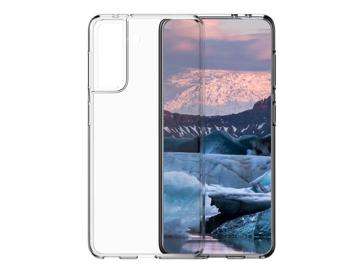 Durchsichtige Smartphone-Hülle, von vorne und hinten gezeigt, mit einem Telefon, das eine eisige Berglandschaft auf dem Bildschirm anzeigt, und einer schlichten transparenten Rückseite.