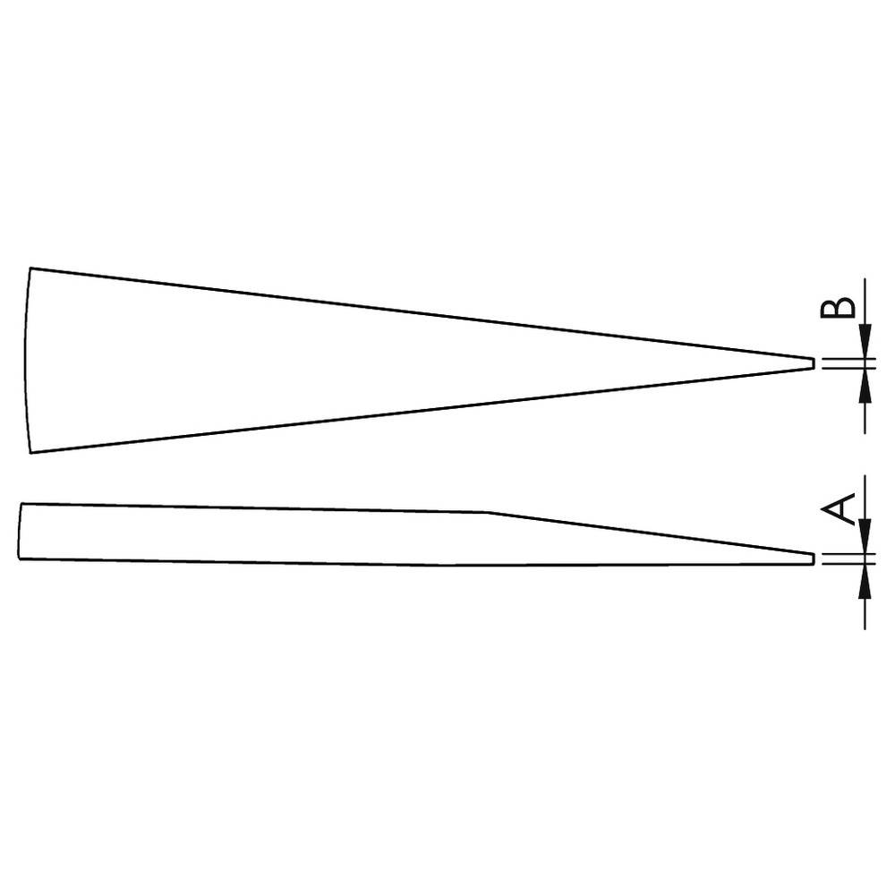 Eine technische Zeichnung, die zwei dünne, sich verjüngende Formen zeigt, mit beschrifteten vertikalen Dimensionen 'A' und 'B' an den Enden.