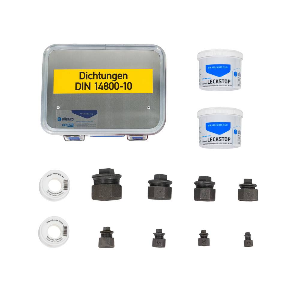Lecks-Stopp-Set enthält eine Schachtel mit der Beschriftung 'Dichtungen DIN 14800-10', zwei Behälter mit 'Leckstop' sowie verschiedene Anschlüsse und Dichtungen.
