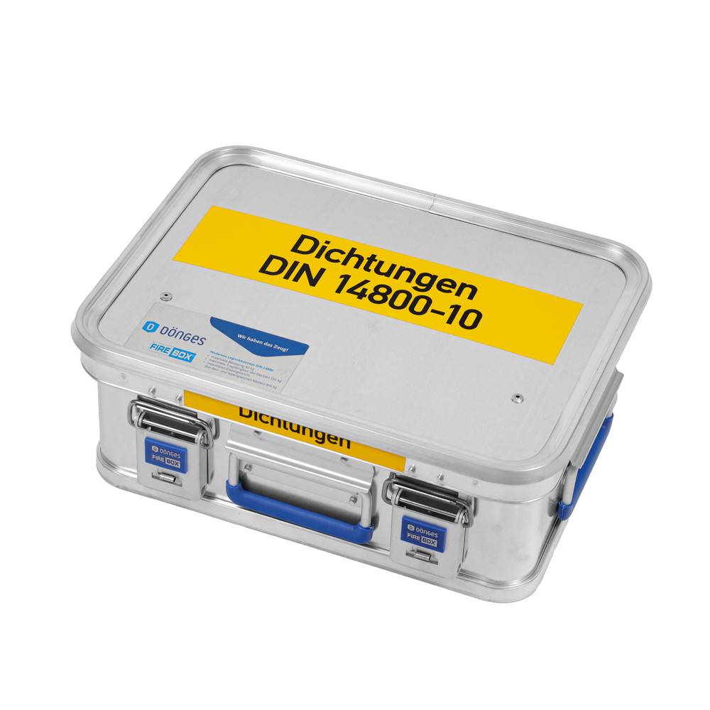 Ein Metallaufbewahrungskasten mit der Beschriftung Dichtungen DIN 14800-10, verwendet zur Aufbewahrung von Dichtungen. Er ist silberfarben mit einem blauen Griff und zusätzlichen Etiketten.