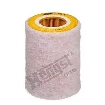Ein weißer, zylindrischer Hengst-Filter mit gelber Oberkante, mit sichtbaren feinen Filtrationsfaltungen und der Aufschrift 'Hengst Filter' an der Seite.