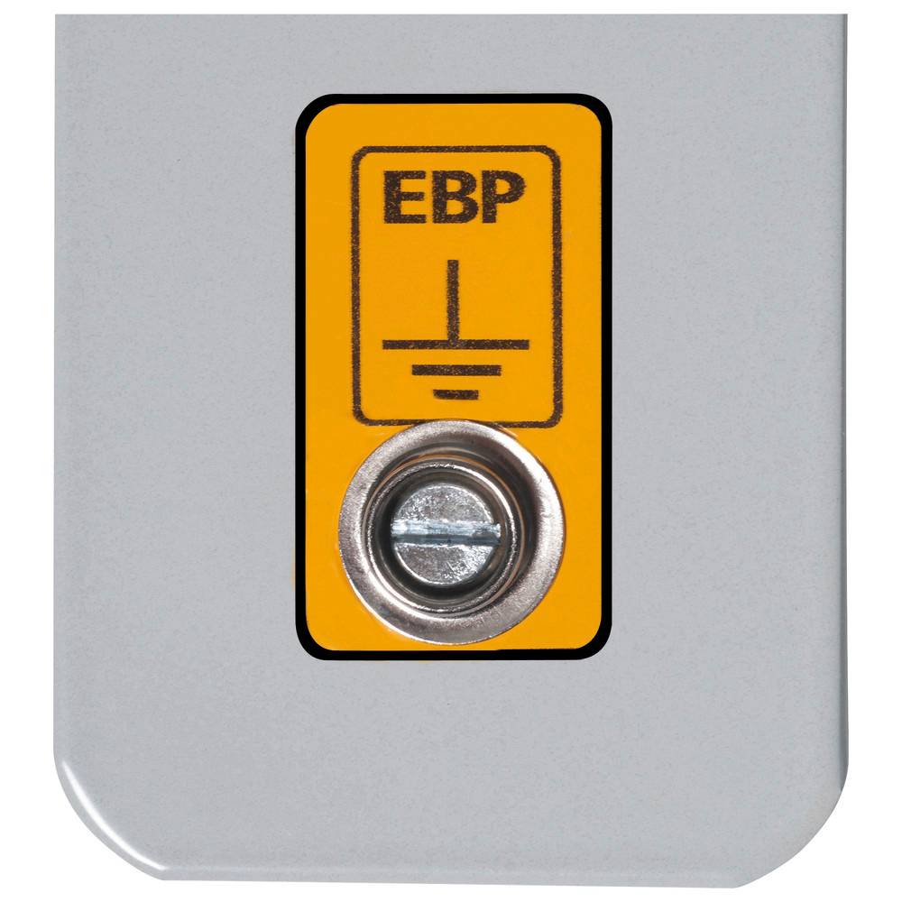 Erdungspunkt mit einem silbernen Anschluss auf einem grauen Panel, mit der Beschriftung 'EBP' auf orangefarbenem Hintergrund.
