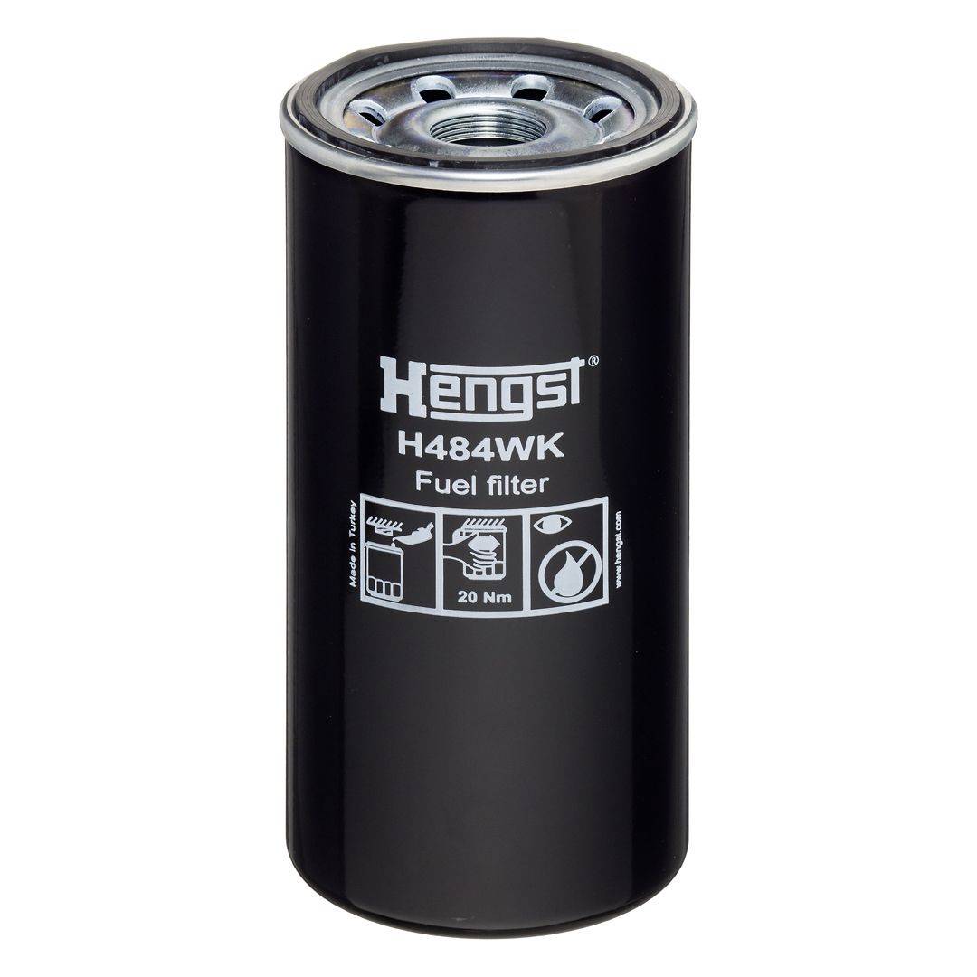 Ein schwarzer Hengst H484WK Kraftstofffilter mit Installationssymbolen und einer in Weiß auf seiner Oberfläche gedruckten Anzugsspezifikation von 20 Nm.