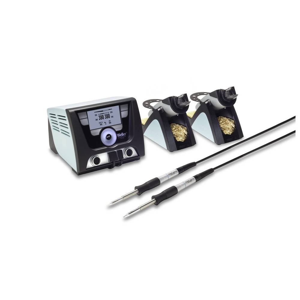 Doppelte Lötstationen mit digitaler Anzeige, die '350°C' zeigt, zwei Lötkolben mit Ständern und Reinigungsschwämmen.