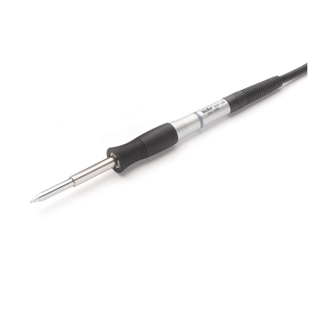 Ein Lötkolben mit einer spitzen Metallspitze und schwarzem Griff, verwendet zum Schmelzen von Lötzinn und Verbinden von elektronischen Bauteilen.