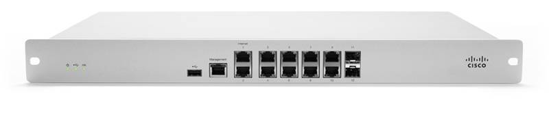 Vorderansicht eines netzwerkgestützten Cisco-Schrank-Montage-Geräts mit mehreren Ethernet-Anschlüssen und einem USB-Anschluss auf der Frontplatte.
