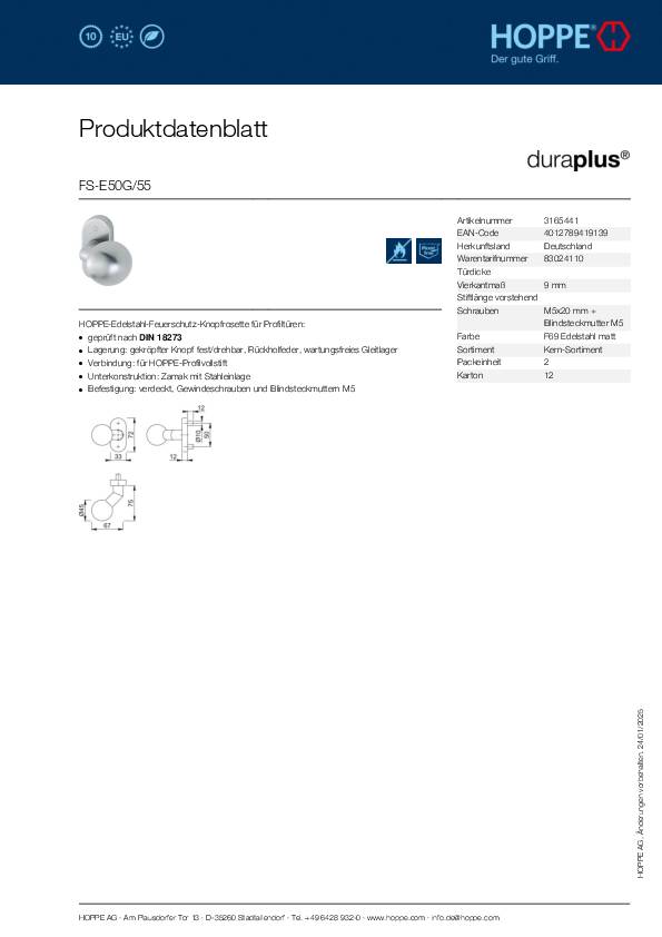 FS-Knopfrosette FS-E50G/55 VA F69 drehb.gekr.HOPPE
