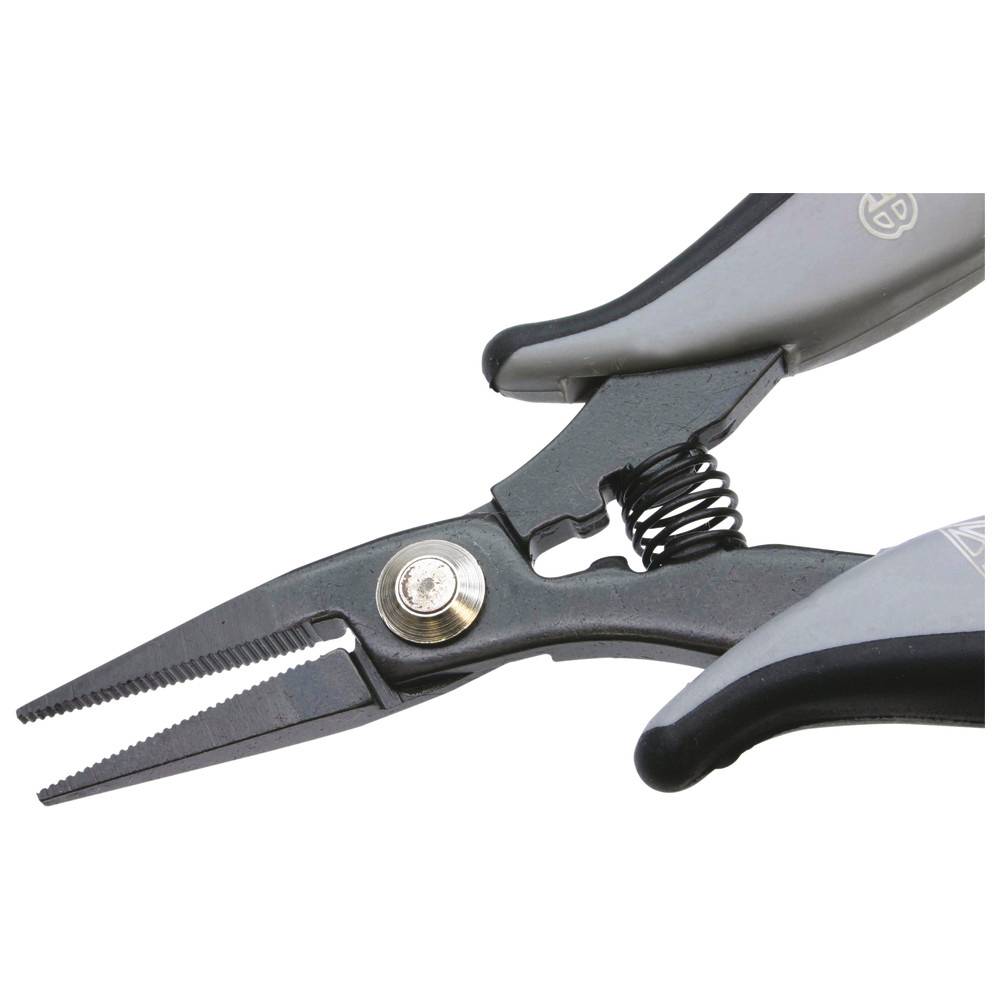 Eine Nahaufnahme eines Paares Drahtschneider mit grauen und schwarzen Griffen, die die Schneidklingen und den Federmechanismus zeigt.