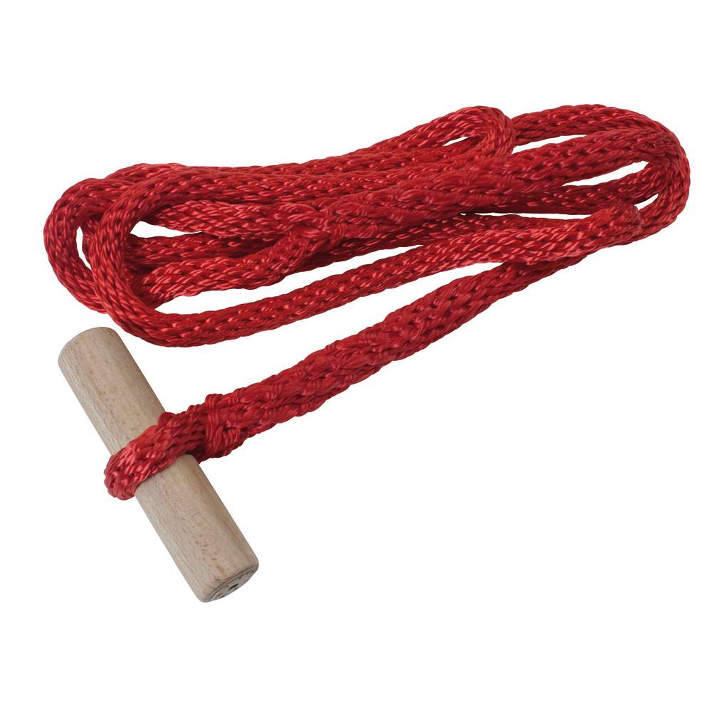 Ein rotes geflochtenes Seil mit einem Holzgriff, das häufig für T-Griff-Seilübungen oder -Trainingseinheiten verwendet wird.