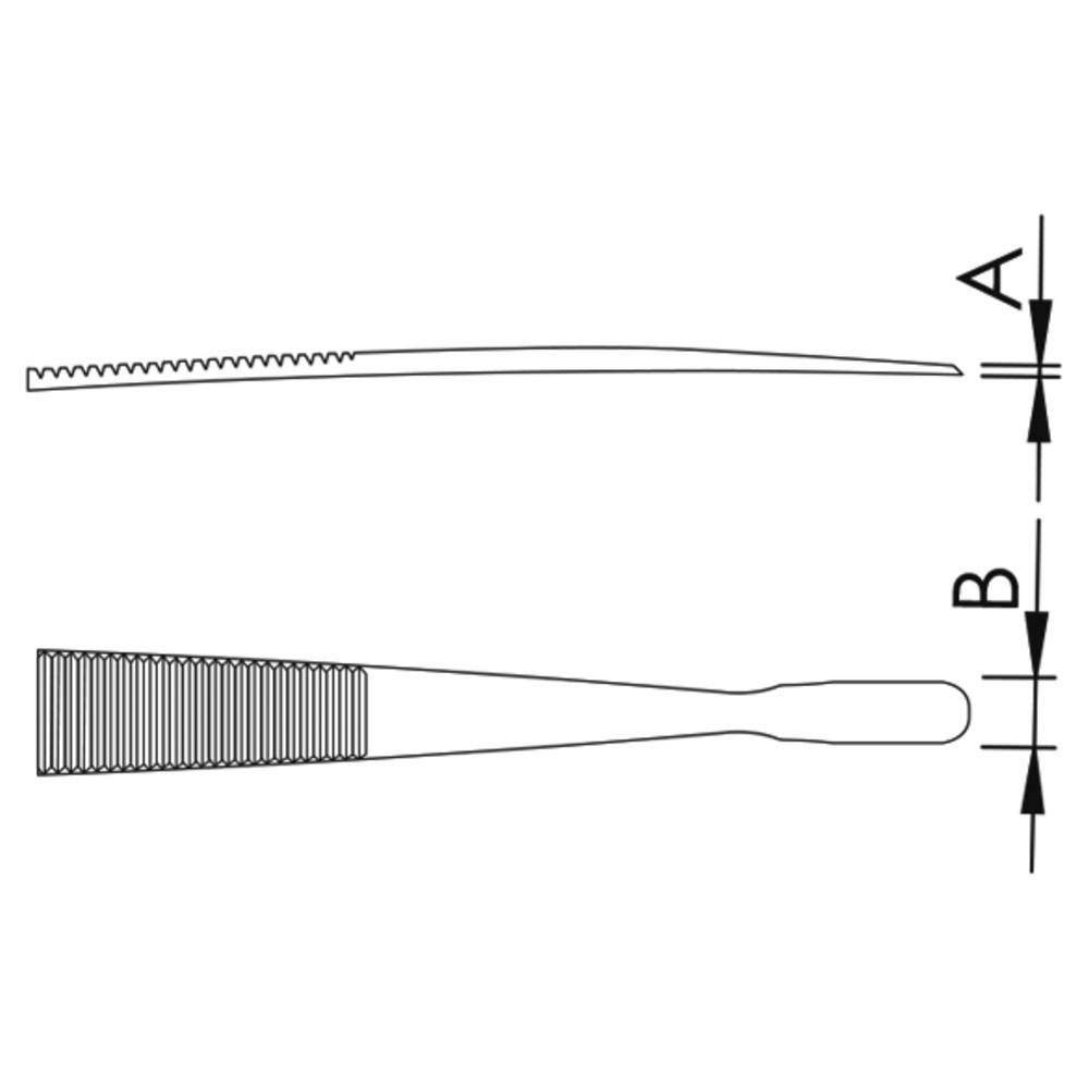 Diagramme eines Kamms in Seiten- und Draufsicht, die die Dimensionen A (nahe den Zähnen) und B (nahe dem Griff) zeigen und Dickenvariationen veranschaulichen.