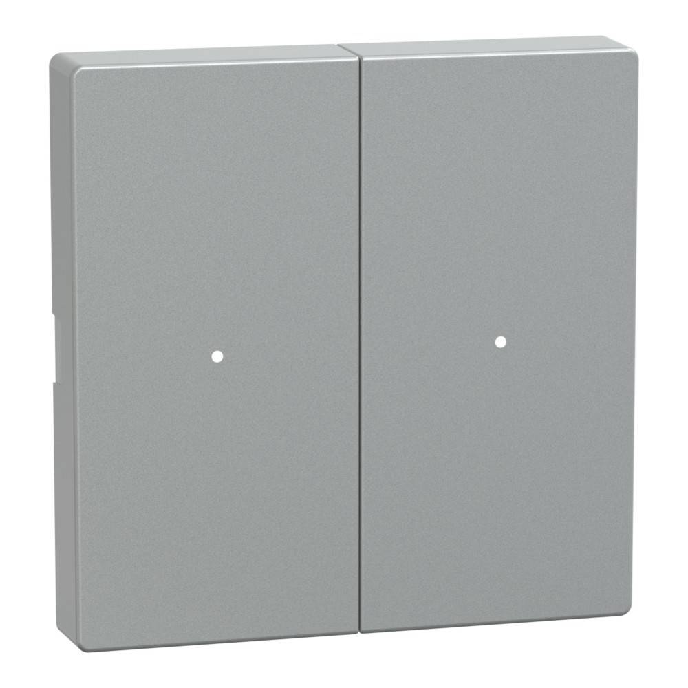 Ein zweier-Lichtschalter-Panel mit minimalistischem Design in mattem Grau. Jeder Knopf verfügt über einen kleinen weißen Punkt in der Mitte.