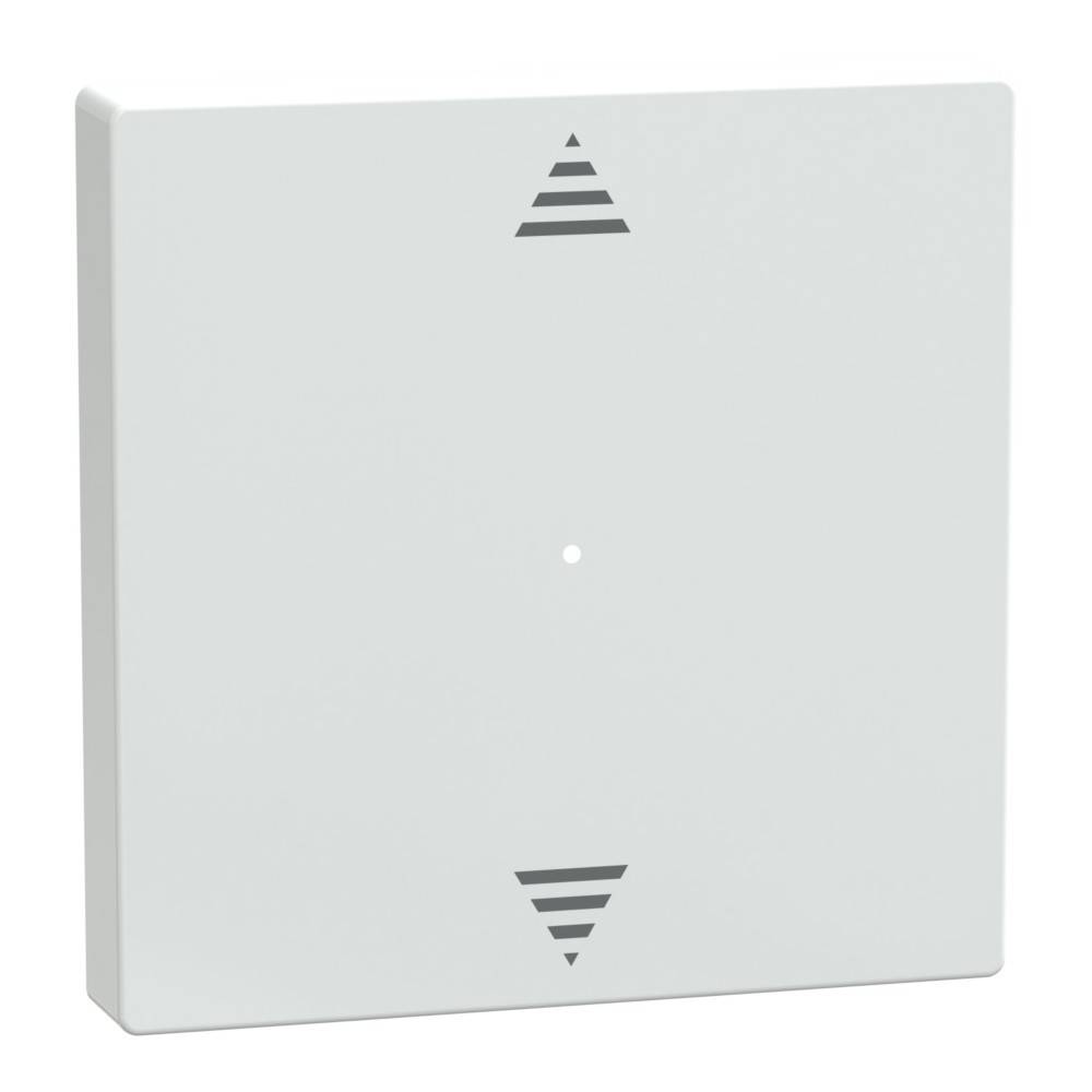 Ein quadratisches, weißes Wandgerät mit einem Aufwärtspfeil oben, einem Abwärtspfeil unten und einer kleinen LED-Leuchte in der Mitte.
