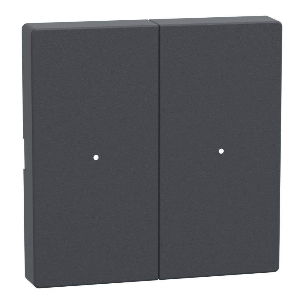 Ein doppelter dunkelgrauer Lichtschalter mit minimalistischem Design, der kleine zentrale Indikatorpunkte auf jedem Schalterfeld aufweist.
