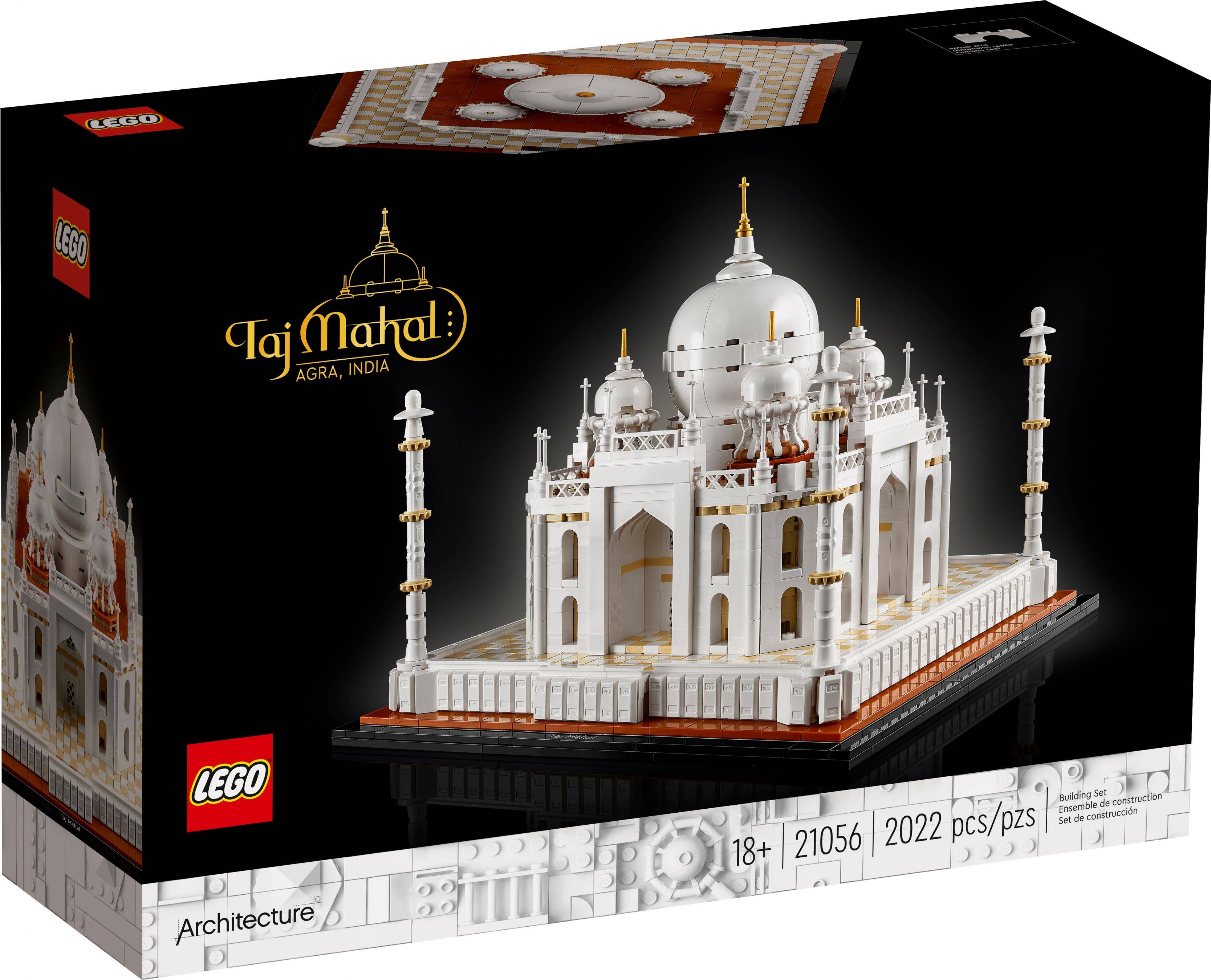 LEGO Architecture Taj Mahal Set-Schachtel mit einem weißen Modell des Taj Mahal auf schwarzem Hintergrund, beschriftet mit „Taj Mahal, Agra, Indien
