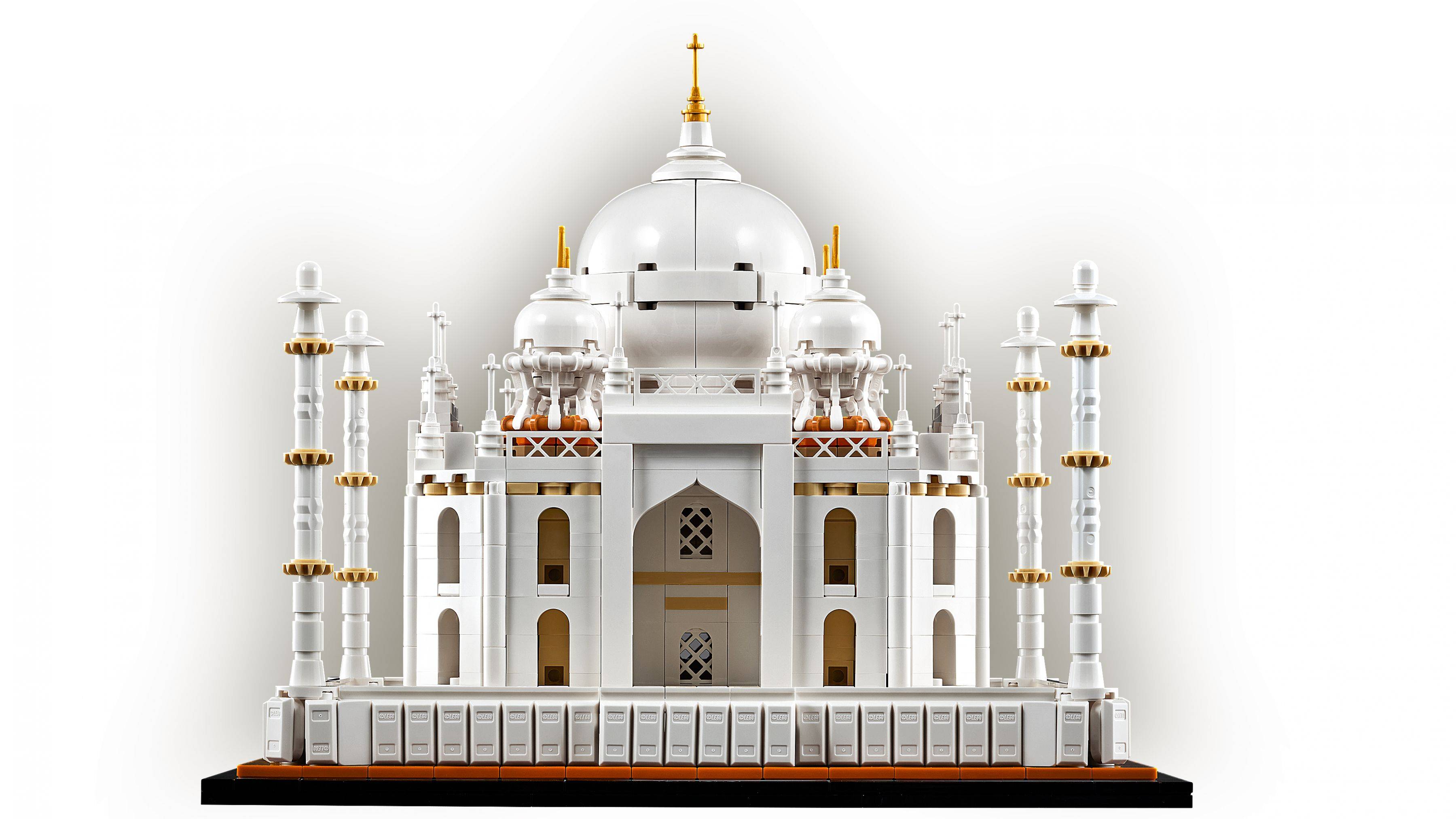 Weißes Modell des Taj Mahal, zentriert auf einem einfachen Hintergrund, das das Kuppelmausoleum, die Minarette und die symmetrische Fassade zeigt.