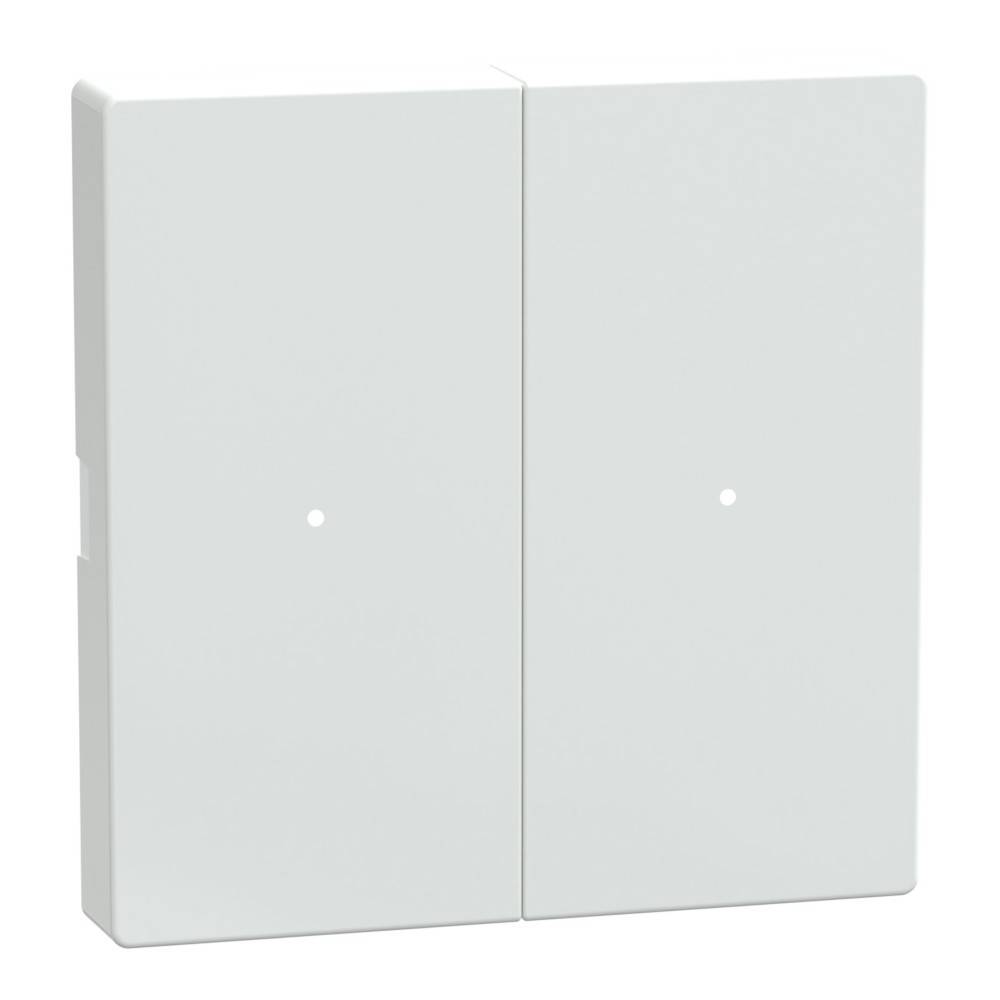 Ein weißer, rechteckiger Doppellichtschalter mit schlichtem, minimalistischem Design, der eine kleine kreisförmige Vertiefung auf jedem Schalter aufweist.