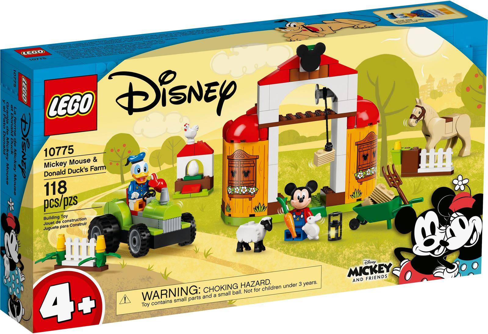 LEGO Disney Set mit Mickey und Donald auf einem Bauernhof. Enthält einen Bauernhofeingang, Traktor und Tiere. Warnung: Erstickungsgefahr aufgrund kleiner Teile. Geeignet für Kinder ab 3 Jahren.