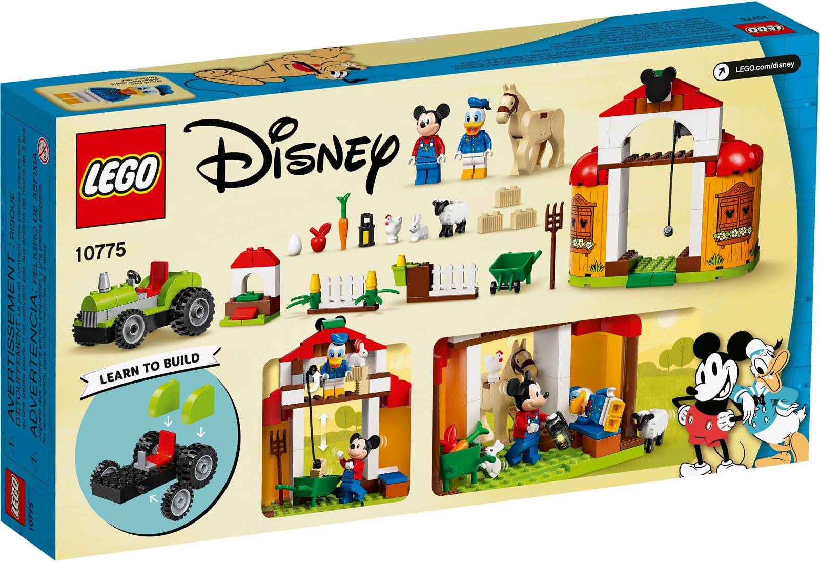 LEGO Disney Set mit Mickey Mouse und einer kleinen Bauernhofszene, einschließlich Traktor, Tieren und Spielhaus, für Kinder ab 4 Jahren.