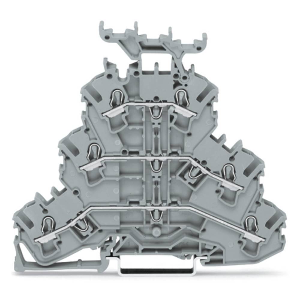 Eine Nahaufnahme eines komplexen, grauen Klemmenblocks mit mehreren Anschlusspunkten und Verdrahtungskanälen für elektrische Anwendungen.