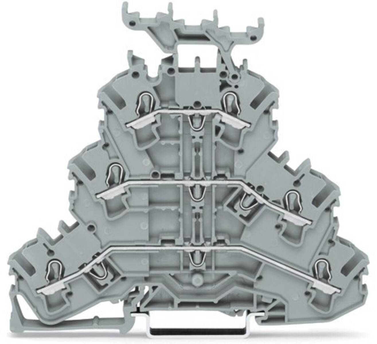 Querschnitt eines grauen Klemmenblocks, der die internen Metallverbindungen und Eintrittspunkte zeigt und seine geschichtete Struktur für die Verkabelung veranschaulicht.