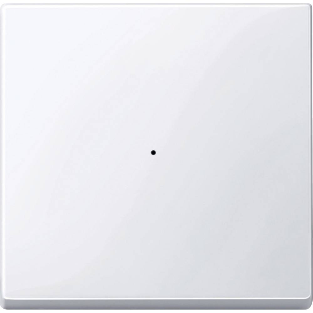 Ein schlichter weißer quadratischer Knopf oder eine weiße quadratische Fläche mit einem kleinen schwarzen Punkt in der Mitte.