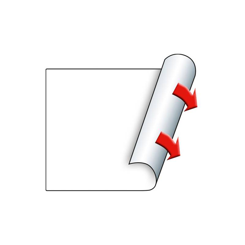 Eine quadratische Seitengrafik mit einer teilweise zurückgeschlagenen Ecke, die zwei rote Pfeile zeigt, welche die Schälbewegung andeuten.