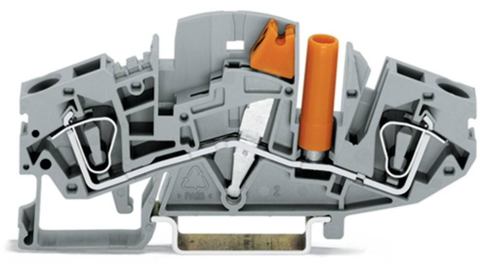 Eine Nahaufnahme eines grauen und orangefarbenen elektrischen Anschlussklemmenblocks, die seine internen Metallverbindungen und das Kunststoffgehäusedesign hervorhebt.