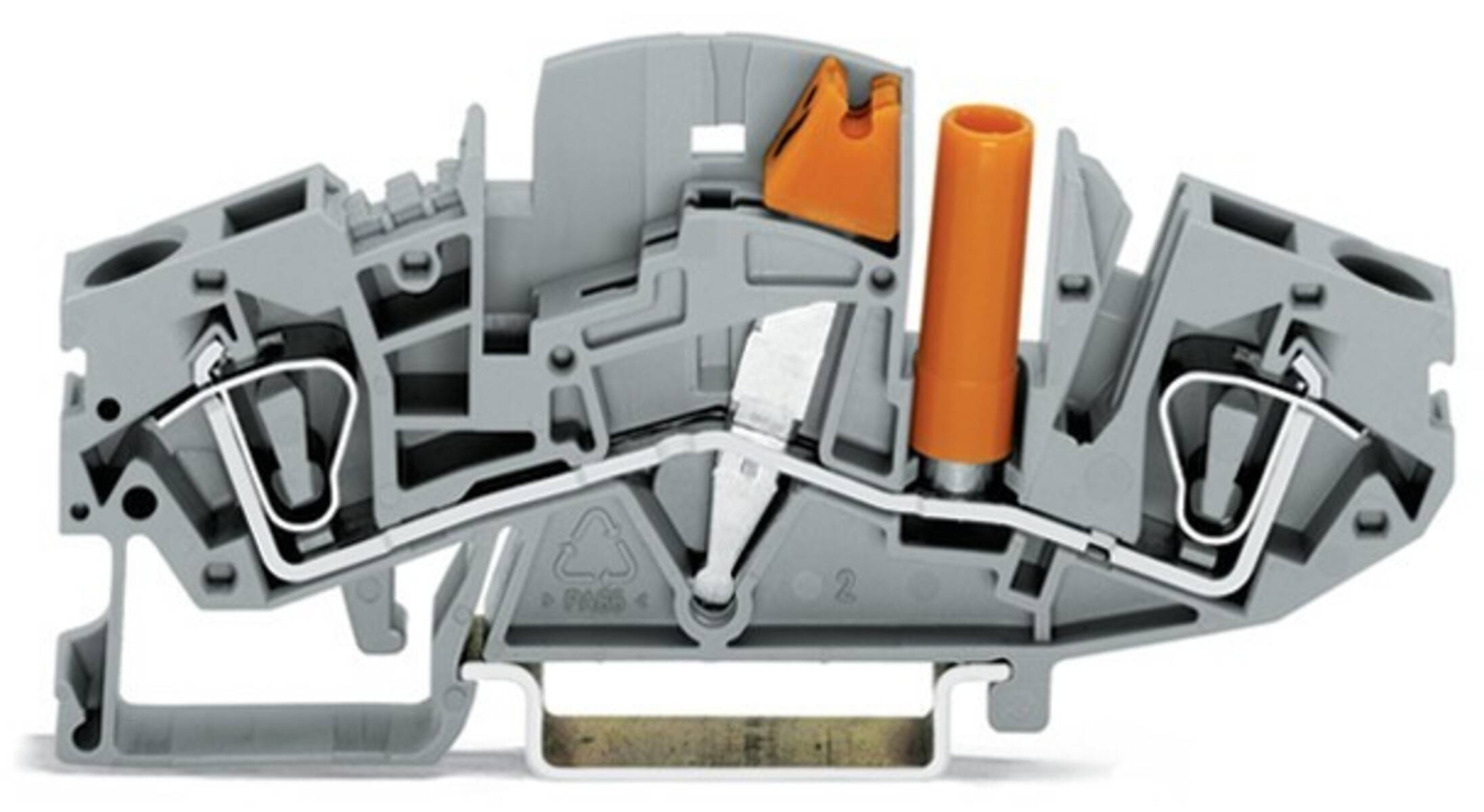 Eine Nahaufnahme eines grauen und orangefarbenen elektrischen Klemmblocks mit sichtbaren Anschlusskomponenten.