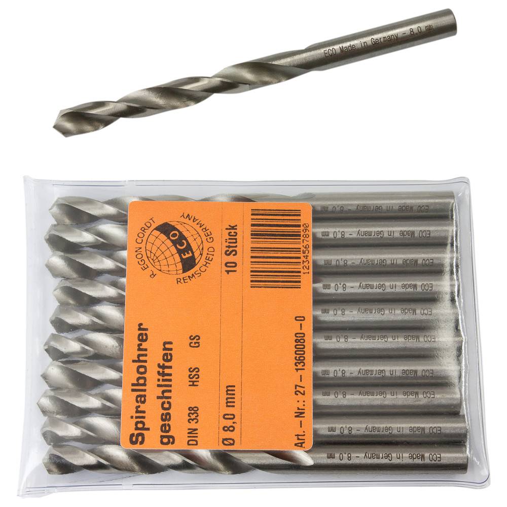 Ein Satz von 10 Spiralbohrern aus Silber mit der Aufschrift 'Spiralbohrer geschliffen', Größe 8,0 mm, wobei ein Bohrer über der Verpackung abgebildet ist.