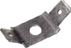 Eine Metallhalterung mit abgerundeter Kante und zwei kreisrunden Löchern, die zum Verbinden oder Abstützen von Komponenten in Bau- oder Maschinenwesen verwendet wird.