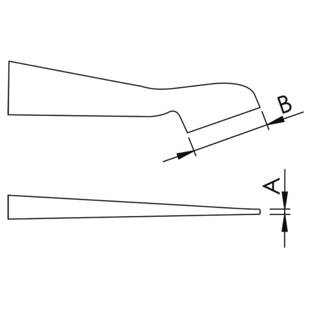 Technische Zeichnung eines keilförmigen Objekts mit beschrifteten Dimensionen 'A' für Dicke und 'B' für Länge, aus zwei Blickwinkeln dargestellt.
